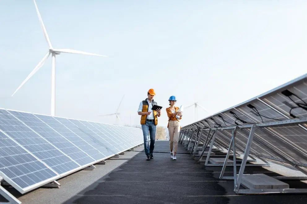 two people walking next to solar panels and wind turbines